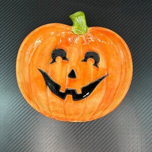 Vintage 1987 Fitz & Floyd Orange Ceramic Plate Pumpkin Face Halloween Decorative